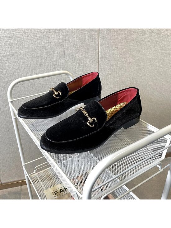 LCQL Men\'s Black Leather Velvet Loafer Gold Buckle Slip On Comfortable Shoes